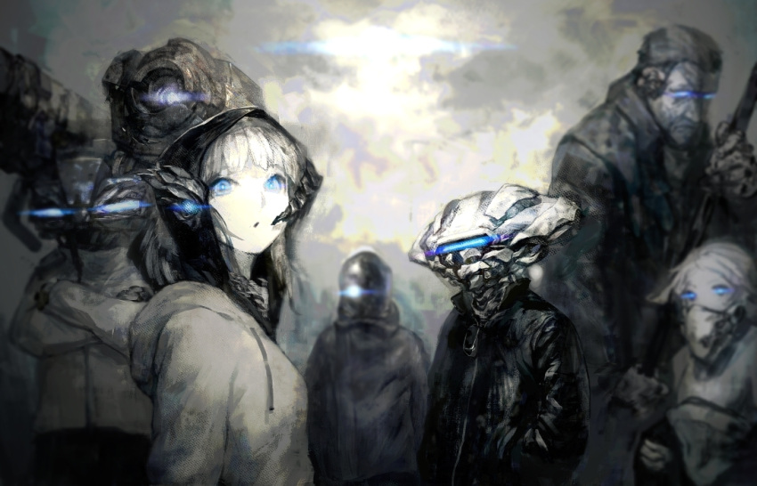 blue_eyes commentary_request crossed_arms cyborg female hood hoodie jacket mechanical mechanical_parts oguchi original