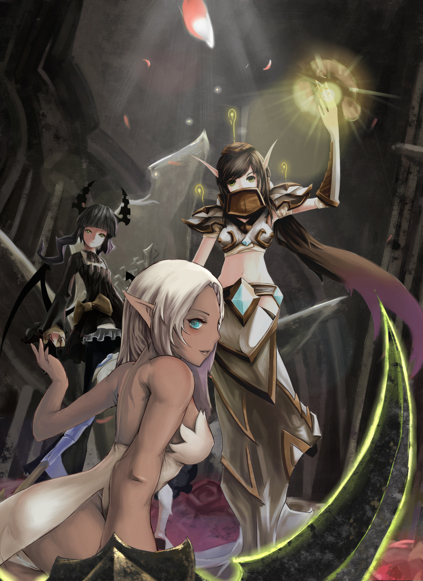 3girls absurdres black_hair black_rock_shooter blood_elf_(warcraft) blue_eyes commentary_request crossover dead_master green_eyes highres horns midriff multiple_girls paladin_(warcraft) player_character_(wow) pointy_ears sword tree_(chenshu) warcraft weapon white_hair world_of_warcraft