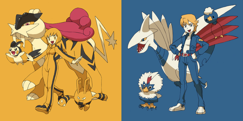 1boy blonde_hair blue_eyes blue_jacket bodysuit bomber_jacket bruce_lee's_jumpsuit commentary_request crossover drifloon elekid emolga female highres huang_baoling jacket keith_goodman look-alike midochiki muted_color orange_bodysuit parody pokemon pokemon_(creature) power_connection raikou rufflet shoes short_hair skarmory sneakers style_parody tiger_&_bunny trait_connection yellow_eyes