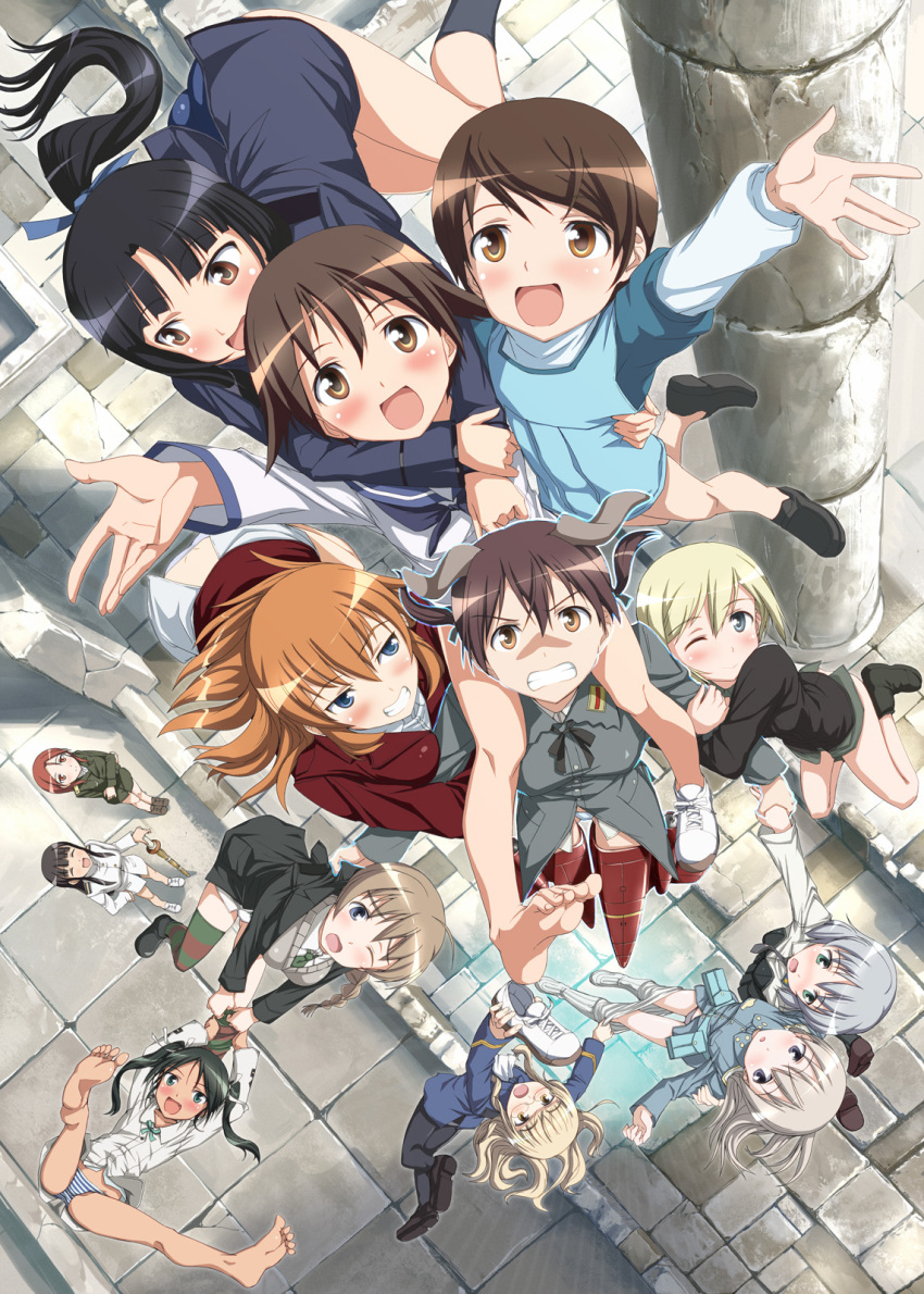 501st_joint_fighter_wing 6+girls architecture bad_id bare_legs barefoot black_pantyhose blush carrying charlotte_e._yeager christiane_barkhorn clenched_teeth clothes_pull column eila_ilmatar_juutilainen erica_hartmann everyone flying francesca_lucchini from_above gertrud_barkhorn grin hattori_shizuka hi-ho- highres holding hug jacket looking_at_viewer lynette_bishop military military_jacket military_uniform minna-dietlinde_wilcke miyafuji_yoshika multiple_girls no_pants one_eye_closed open_mouth outstretched_arms panties pantyhose pantyhose_pull perrine_h._clostermann photoshop_(medium) pillar ruins sakamoto_mio sanya_v._litvyak shoes shoulder_carry single_shoe smile spread_arms spread_legs strike_witches striker_unit teeth thighhighs underwear uniform white_legwear world_witches_series