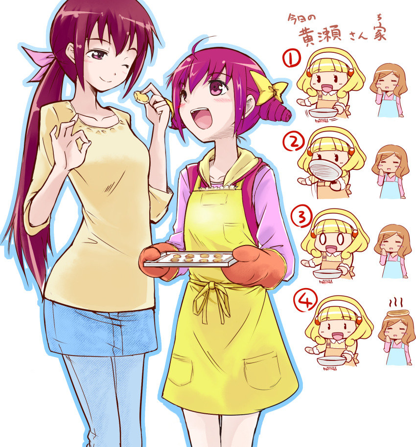 0_0 4girls ;) =_= ahoge apron baking baking_sheet blonde_hair blush blush_stickers bow brown_hair chibi collarbone commentary_request cookie cooking drill_hair food food_on_head frying_pan gloves hair_ribbon hairband hairbow highres hoshizora_ikuyo hoshizora_miyuki kise_chiharu long_hair mature_female mokkeso_(mopurosu) mother_and_daughter multiple_girls no_nose o_o object_on_head one_eye_closed open_mouth oven_mitts pancake pink_eyes pink_hair pink_vest ponytail precure red_eyes red_hair ribbon short_hair smile smile_precure translation_request vest white_hairband yayoi_kise