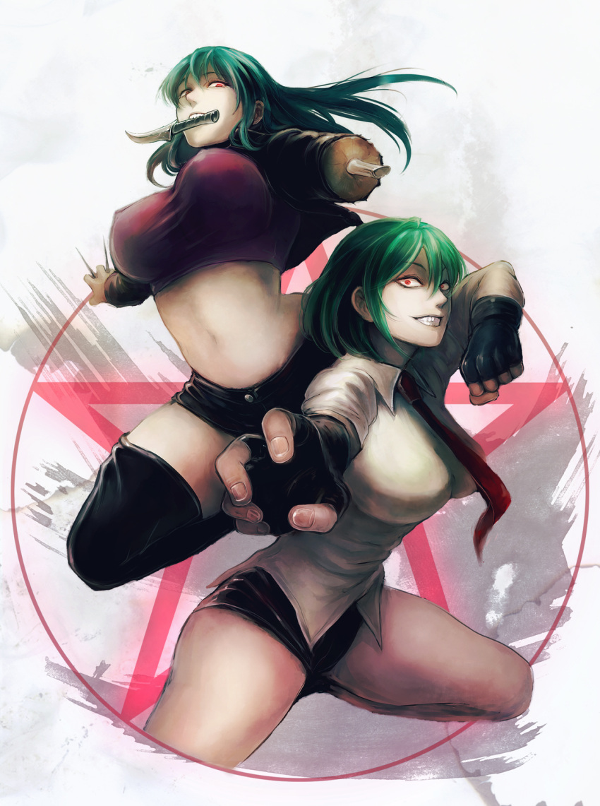 2girls amputee breasts commentary_request crop_top cropped_jacket fighting_stance fingerless_gloves gloves green_hair highres knife large_breasts mouth_hold multiple_girls necktie photoshop_(medium) red_hair short_hair short_shorts shorts siblings sisters thighhighs tsukuru_(seki_sabato) yurikawa_midori yurikawa_saki zombie zombie-ya_reiko