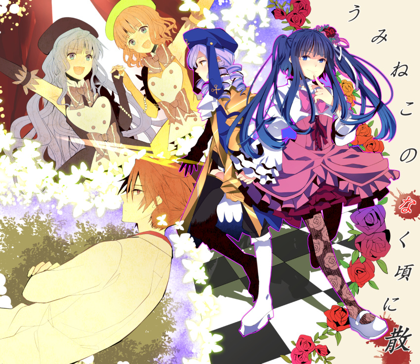 2boys 3girls bad_id bad_pixiv_id blush bow bug butterfly dlanor_a._knox drill_hair eiserne_jungfrau finger_to_mouth flower furfur furudo_erika highres holding_hands kinatsu_souju long_hair multiple_boys multiple_girls otoko_no_ko pink_bow rose short_hair smile umineko_no_naku_koro_ni ushiromiya_battler very_long_hair zepar