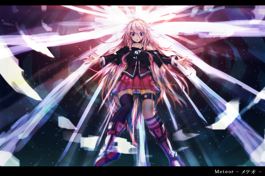 asymmetrical_legwear bare_shoulders blue_eyes boots braid commentary_request female highres ia_(vocaloid) letterboxed long_hair meteor_(vocaloid) photoshop_(medium) pink_hair qweasdzxc2727 single_thighhigh skirt sky solo star_(sky) starry_sky thigh_strap thighhighs twin_braids uneven_legwear very_long_hair vocaloid