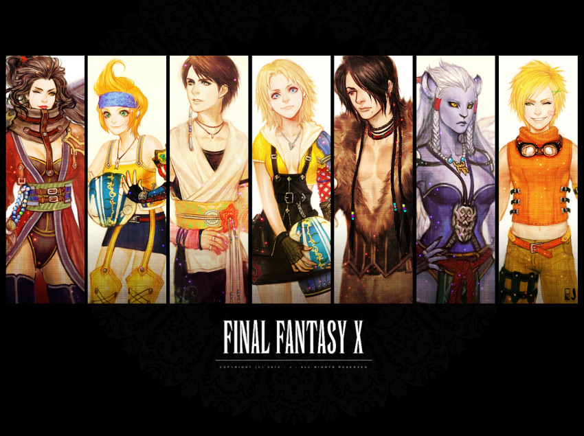 3boys 4girls androgynous ass auron ball black_hair black_legwear blonde_hair blue_eyes blue_headband breasts brown_hair cleavage coat column_lineup commentary_request copyright_name final_fantasy final_fantasy_x fur_coat furry garter_straps genderswap_(ftm) genderswap_(mtf) goggles green_eyes hair_ornament hairclip hand_on_own_hip headband j_(onose1213) japanese_clothes jewelry kimahri_ronso kimono legs lips lipstick long_hair looking_at_viewer looking_away lulu_(ff10) makeup medium_breasts midriff mole mole_under_mouth multiple_boys multiple_girls muscular necklace one_eye_closed overalls ponytail red_eyes rikku_(ff10) rule_63 scar serious short_hair small_breasts smile smirk standing sword thighhighs tidus wakka weapon white_hair x_hair_ornament yellow_eyes yuna_(ff10)