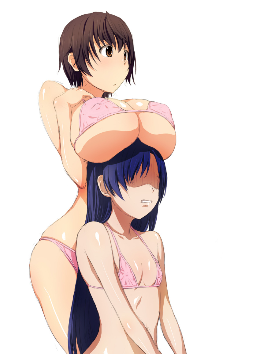 2girls bikini blue_hair breast_envy breast_rest breasts breasts_on_head brown_eyes brown_hair clenched_teeth collarbone commentary_request covered_nipples flat_chest highres huge_breasts idolmaster idolmaster_(classic) idolmaster_cinderella_girls in-franchise_crossover kisaragi_chihaya long_hair micro_bikini multiple_girls no_eyes oikawa_shizuku photoshop_(medium) pink_bikini shaded_face short_hair simple_background string_bikini swimsuit teeth very_long_hair white_background yuuki1103