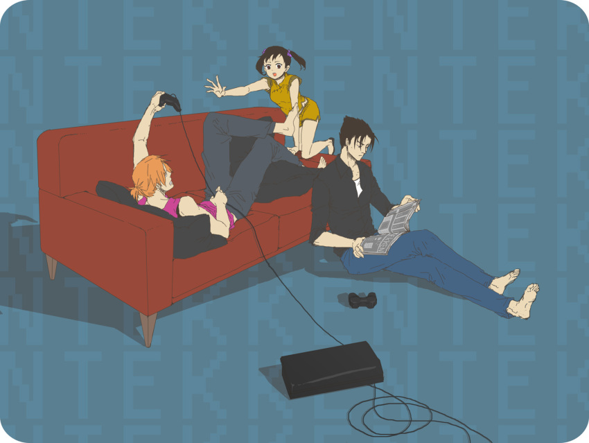 2boys bad_id bad_pixiv_id barefoot casual china_dress chinese_clothes commentary_request denim dress female game_console hwoarang_(tekken) jeans kazama_jin ling_xiaoyu mojo_(creama) multiple_boys newspaper pants playing_games playstation_3 reading short_ponytail tekken twintails