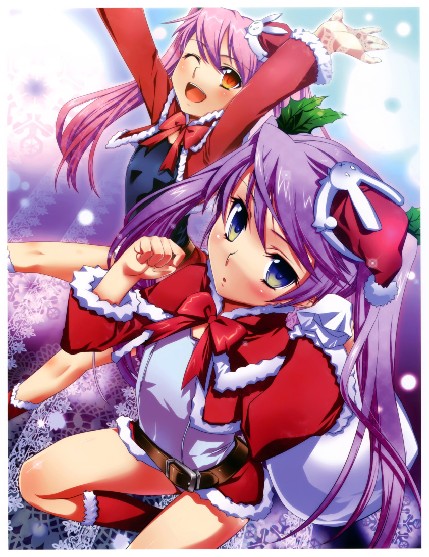 2girls ;d absurdres arms_up belt blue_eyes boots bow christmas copyright_request flat_chest hat highres jacket koume_keito long_hair miniskirt multiple_girls one-piece_swimsuit one_eye_closed open_mouth photoshop_(medium) pink_hair purple_hair red_eyes sack santa_hat school_swimsuit skirt smile snow swimsuit twintails white_one-piece_swimsuit