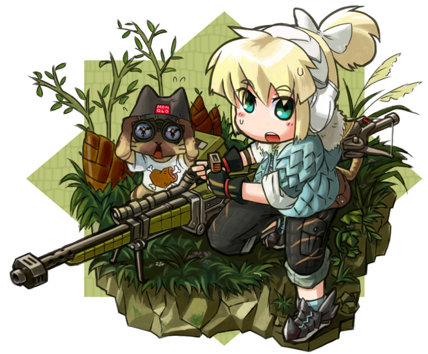 bad_id bad_pixiv_id binoculars blonde_hair boned_meat bowgun crossover ear_protection female fingerless_gloves food gloves green_eyes gun iris_(material_sniper) material_sniper meat monster_hunter_(series) monster_hunter_portable_3rd painttool_sai_(medium) reflection reloading rifle scope short_ponytail shorts sleeveless sleeves_rolled_up sniper_rifle sweatdrop toriny weapon