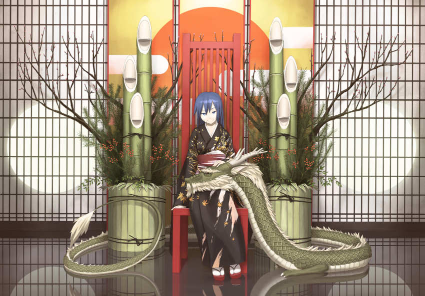 blue_eyes blue_hair dragon japanese_clothes long_hair original sakais3211 tree