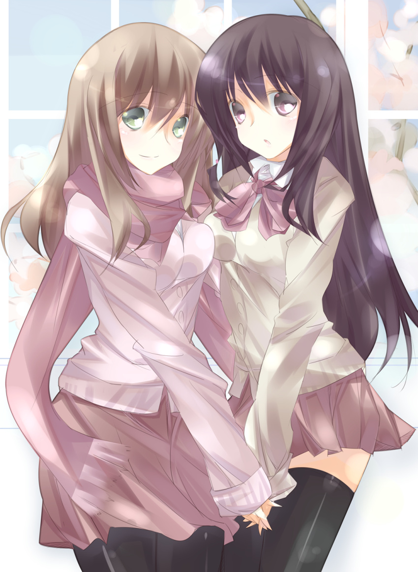 2girls achiga_school_uniform black_pantyhose black_thighhighs brown_hair cardigan commentary_request green_eyes highres long_hair matsumi_kuro matsumi_yuu multiple_girls pantyhose purple_eyes purple_hair ribbon saki_(manga) saki_achiga-hen scarf school_uniform siblings sisters skirt smile souyoku thighhighs