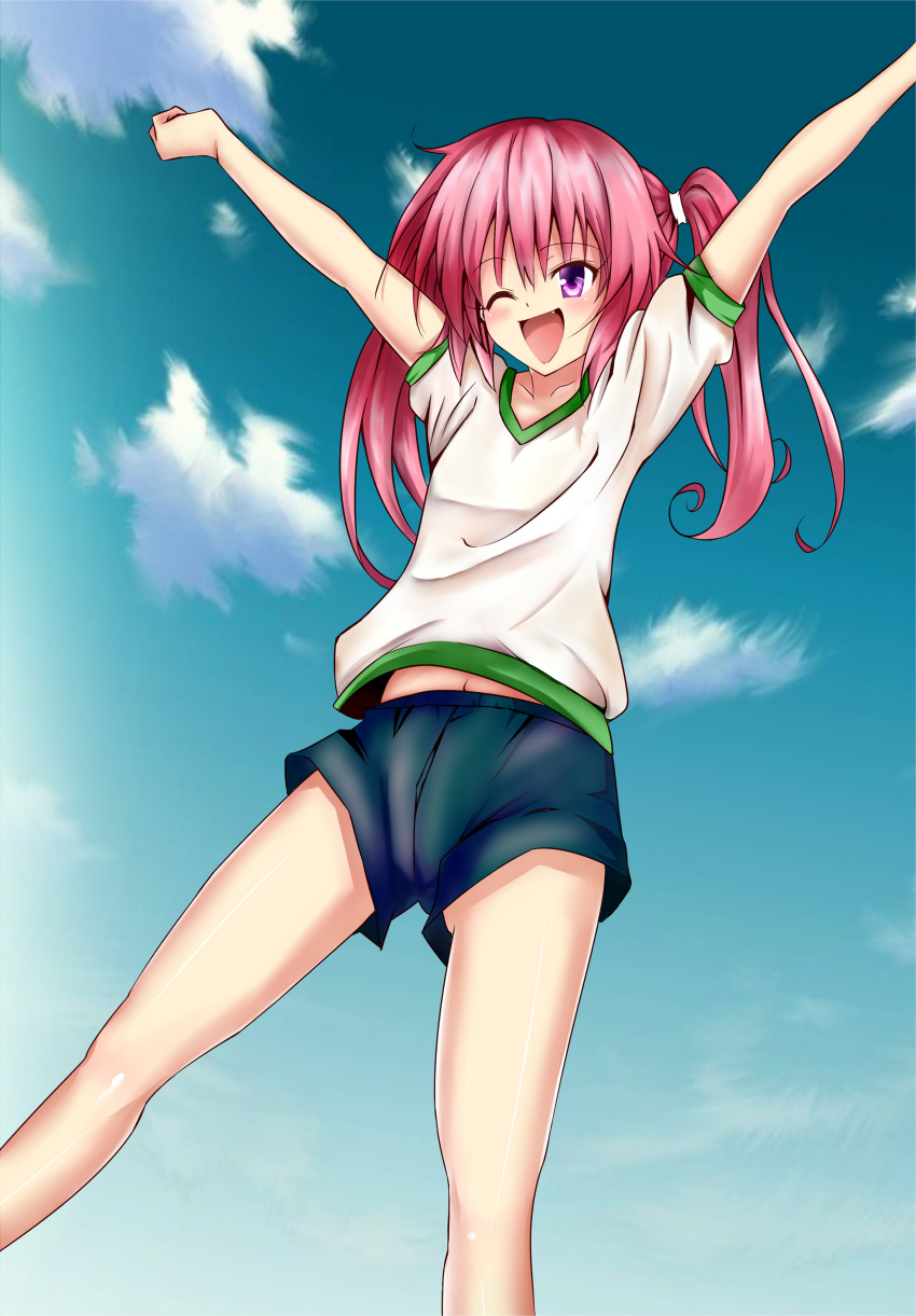 absurdres arms_up bad_id bad_pixiv_id cloud day female gym_shorts gym_uniform highres joker_(animero) long_hair midriff_peek nana_asta_deviluke navel oerba_yun_fang one_eye_closed pink_hair purple_eyes shorts sky smile solo to_love-ru twintails