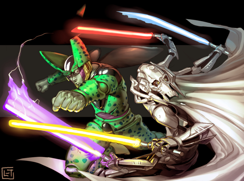 2boys battle cape cell_(dragon_ball) commentary_request crossover dragon_ball dragon_ball_z energy_sword extra_arms general_grievous lightsaber lost-tyrant multiple_boys no_humans pale_skin perfect_cell photoshop_(medium) punching quadruple_wielding star_wars sword weapon yellow_eyes