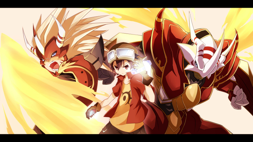 1boy agnimon armor bad_id bad_pixiv_id black_hair blue_eyes claws digimon digimon_(creature) digimon_frontier digivice fiery_wings fire gloves glowing goggles hat highres horns kanbara_takuya lemon_(wzcrybmi) letterboxed monster multiple_persona red_eyes short_hair spikes vritramon wings