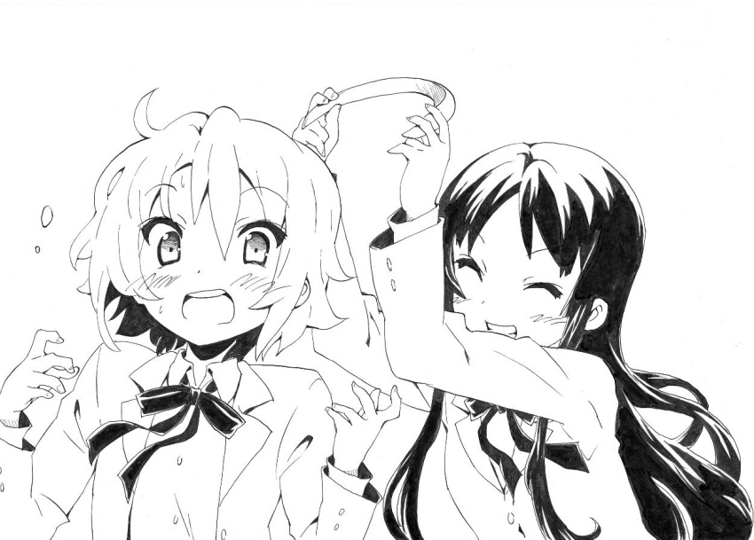 2girls akiyama_mio blush commentary_request greyscale hair_down hairband k-on! long_hair monochrome multiple_girls nome_(nnoommee) sakuragaoka_high_school_uniform school_uniform short_hair surprised_arms tainaka_ritsu uniform unworn_hairband unworn_headwear