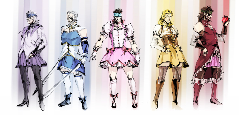 5boys akemi_homura akemi_homura_(cosplay) akemi_homura_(magical_girl) big_boss commentary_request cosplay crossdressing dual_wielding eyepatch highres holding ikuyoan kaname_madoka kaname_madoka_(cosplay) kaname_madoka_(magical_girl) liquid_snake magical_girl mahou_shoujo_madoka_magica mahou_shoujo_madoka_magica_(anime) manly metal_gear_(series) metal_gear_solid miki_sayaka miki_sayaka_(cosplay) miki_sayaka_(magical_girl) multiple_boys naked_snake old_snake pantyhose parody sakura_kyoko sakura_kyoko_(cosplay) sakura_kyoko_(magical_girl) solid_snake solidus_snake striped style_parody tomoe_mami tomoe_mami_(cosplay) tomoe_mami_(magical_girl) vertical_stripes