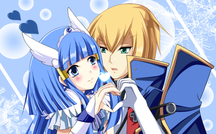 1boy angel_wings aoki_reika aqua_eyes bad_id bad_pixiv_id blazblue blonde_hair blue_background blue_eyes blue_hair blue_theme blush cape couple crossover cure_beauty eien_no_kurayami eye_contact female gem gloves hair_tubes head_wings heart heart_hands heart_hands_duo ice_crystal japanese_clothes jewelry jin_kisaragi long_hair looking_at_another military military_uniform photoshop_(medium) power_connection precure ribbon smile_precure straight tiara uniform wings