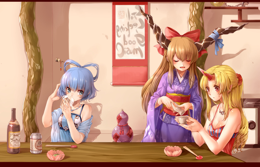 3girls alcohol alternate_costume ball_and_chain_restraint bare_shoulders beer blonde_hair blue_eyes blue_hair bottle breasts brown_hair can check_commentary chopsticks cleavage closed_eyes commentary_request cup dress drinking glass gourd hair_ornament hanging_scroll highres horns hoshiguma_yuugi ibuki_suika japanese_clothes jewelry kaku_seiga kimono letterboxed long_hair medium_breasts multiple_girls necklace obi pointy_ears ponytail red_eyes rojiko sake sash scroll short_hair single_horn sitting small_breasts smile sweatdrop tamaonsen tokkuri tokonoma touhou