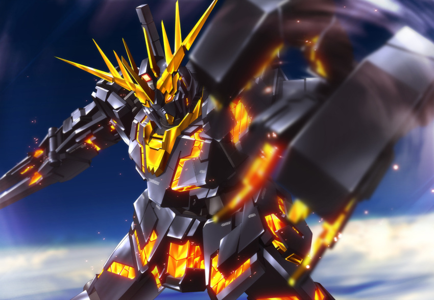 blurry commentary_request depth_of_field foreshortening glowing gundam gundam_unicorn looking_at_viewer mecha no_humans nt-d painttool_sai_(medium) robot unicorn_gundam_banshee zb_(dawn-blue)