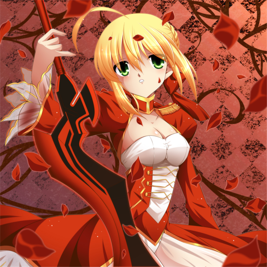 aestus_estus ahoge blonde_hair breasts cleavage commentary_request dress epaulettes fate/extra fate_(series) female green_eyes hair_ribbon highres isa_(ni-iro) large_breasts nero_claudius_(fate) nero_claudius_(fate/extra) petals ribbon see-through solo sword weapon