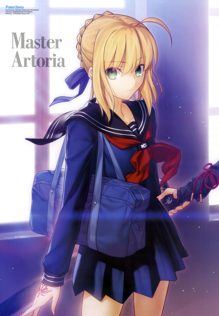 absurdres ahoge artoria_pendragon_(fate) bag blonde_hair blouse blue_sailor_collar blue_shirt blue_skirt capsule_servant command_spell fate/zero fate_(series) female green_eyes hair_ribbon highres holding looking_at_viewer master_artoria miniskirt neckerchief newtype official_art parted_lips photoshop_(medium) pleated_skirt red_neckerchief ribbon role_reversal sailor_collar scan school_bag school_uniform serafuku shirt short_hair shoulder_bag simosi skirt sleeve_cuffs solo sword takeuchi_takashi tattoo weapon weapon_bag