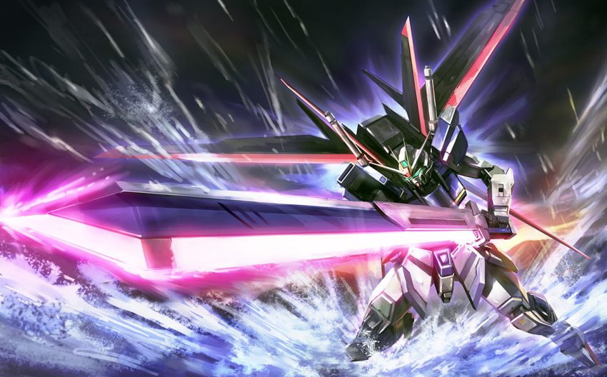 commentary_request energy_sword force_impulse_gundam glowing glowing_eyes gundam gundam_seed gundam_seed_destiny impulse_gundam mecha no_humans photoshop_(medium) robot solo sunrise_stance sword sword_impulse_gundam water weapon zhenlin