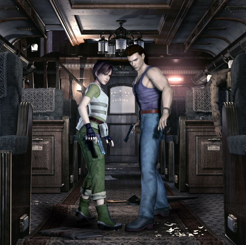 absurdres billy_coen capcom cuffs female gun hand_cuff handcuffs highres official_art rebecca_chambers resident_evil resident_evil_0 weapon