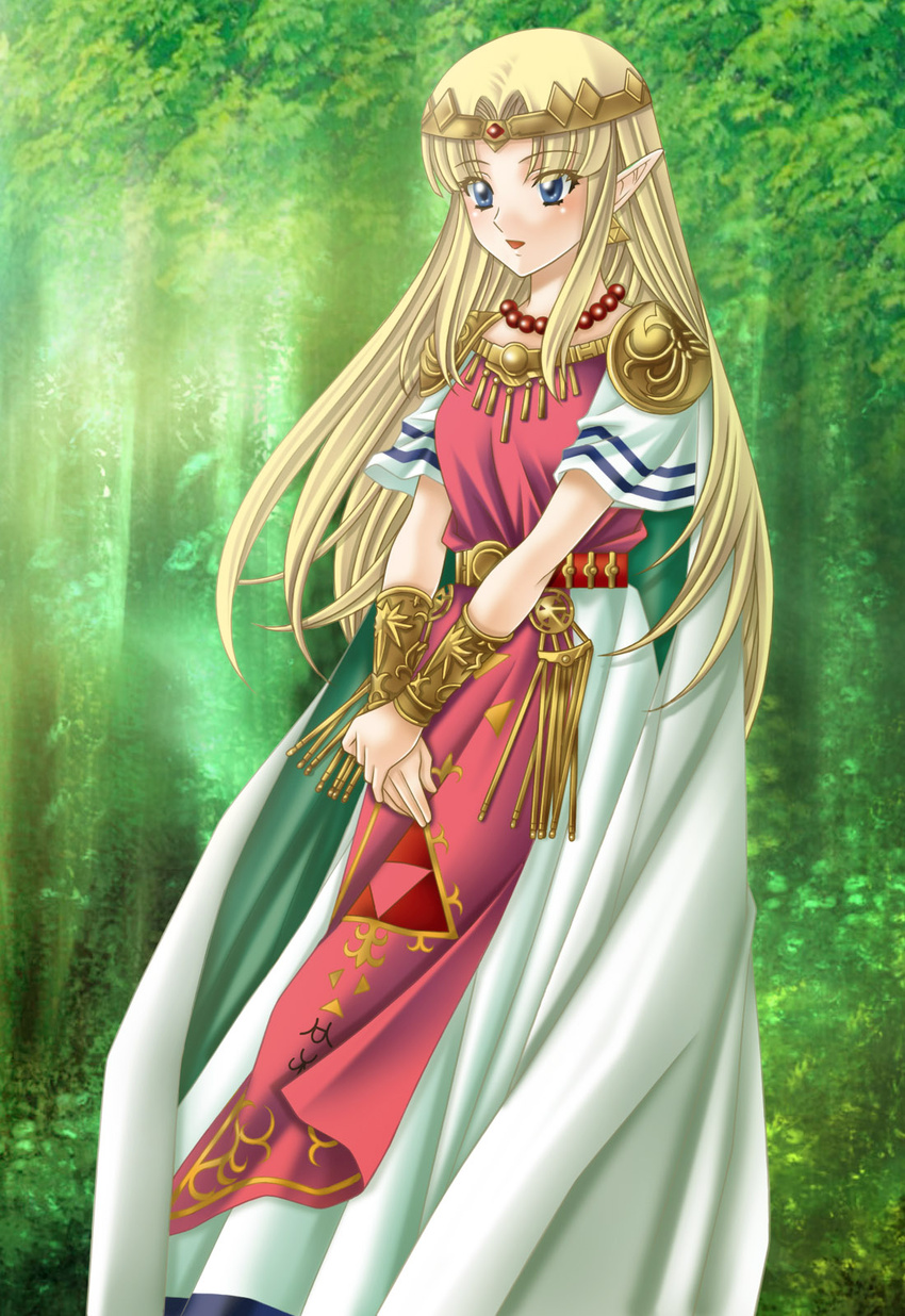 blonde_hair blue_eyes commentary_request crown dress earrings female highres jewelry long_dress long_hair necklace own_hands_together plant pointy_ears princess_zelda solo tamamon the_legend_of_zelda the_legend_of_zelda:_a_link_to_the_past triforce