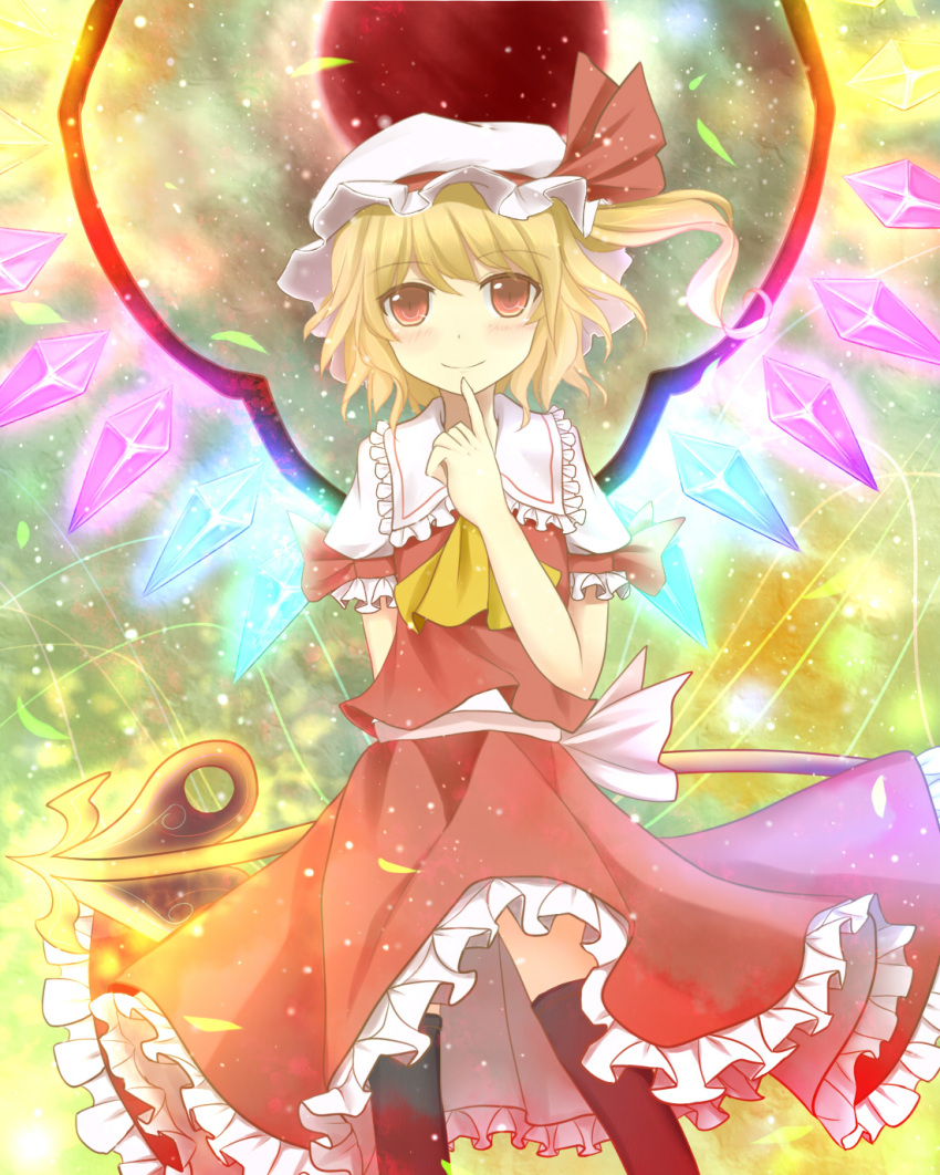 black_thighhighs blonde_hair blush bunchou_(bunchou3103) commentary_request female finger_to_mouth flandre_scarlet hat hat_ribbon highres red_eyes ribbon side_ponytail smile solo thighhighs touhou wings