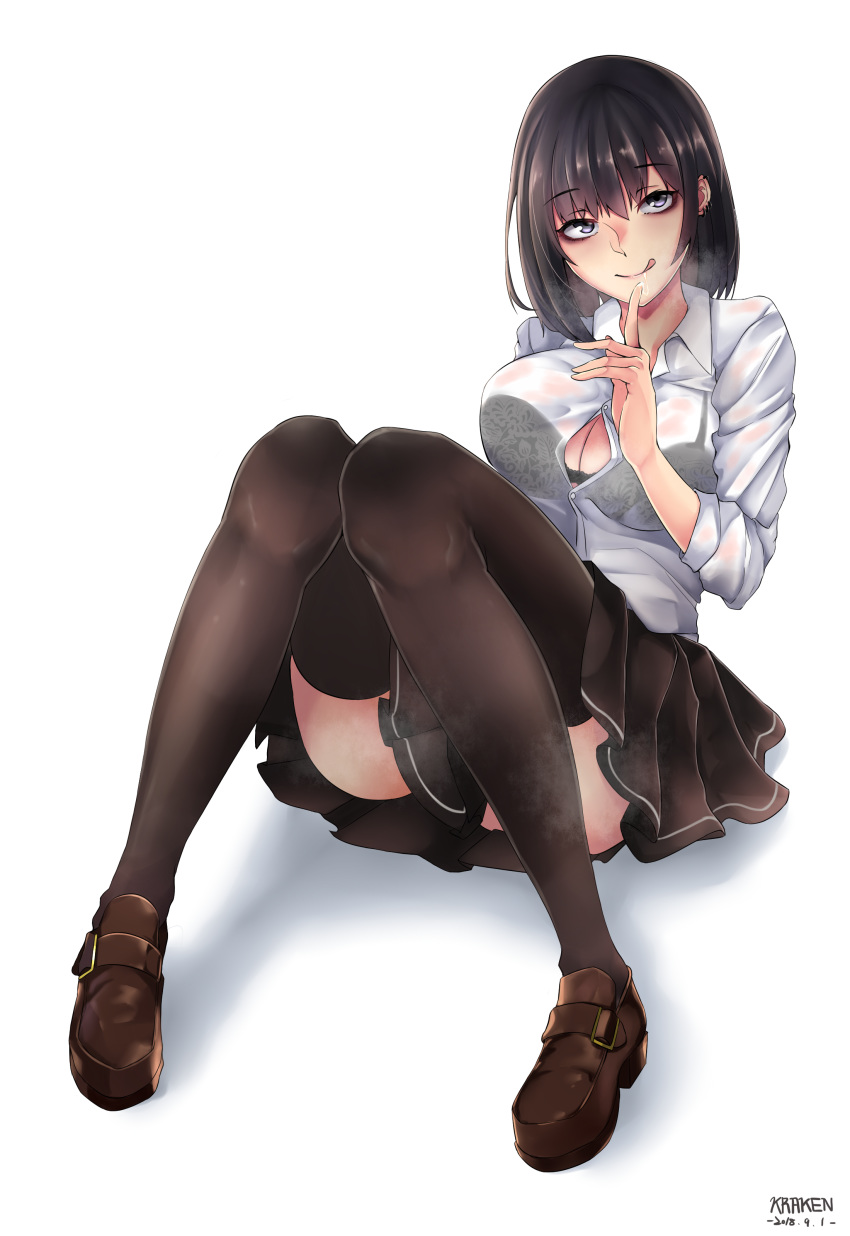 :q absurdres artist_name ass black_bra black_eyes black_hair black_skirt black_thighhighs bra bra_visible_through_clothes breasts brown_footwear button_gap cleavage closed_mouth collared_shirt commentary_request dated dress_shirt ear_piercing female full_body highres knees_together_feet_apart kuraken lace lace-trimmed_bra lace_trim large_breasts long_sleeves looking_at_viewer miniskirt original piercing pleated_skirt saliva saliva_trail school_uniform see-through shirt short_hair sitting skirt smile solo thighhighs tongue tongue_out underwear wet wet_clothes white_shirt