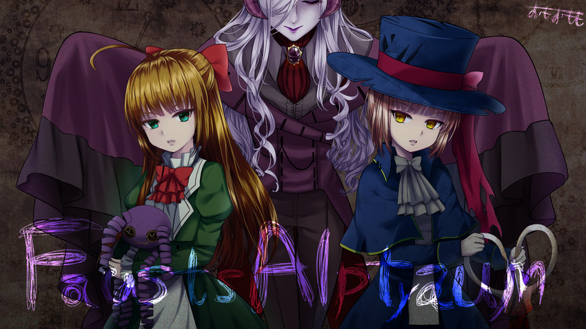 3girls :> ahoge aqua_eyes artist_name black_pants bloody_scissors blue_hat bow bowtie brown_hair capelet closed_eyes commentary_request copyright_name demon_horns dress elisabeth_faust fausts_alptraum frilled_sleeves frills gloves green_dress hair_over_one_eye hairbow half_updo hat head_tilt highres holding homunculus_(fausts_alptraum) horns juliet_sleeves light_purple_hair lipstick long_hair long_sleeves looking_at_viewer makeup mephistopheles_(fausts_alptraum) multiple_girls omoomomo oversized_object pants puffy_sleeves purple_lips red_bow red_bowtie scissors sleeves_past_wrists standing stuffed_toy top_hat very_long_hair white_gloves yellow_eyes