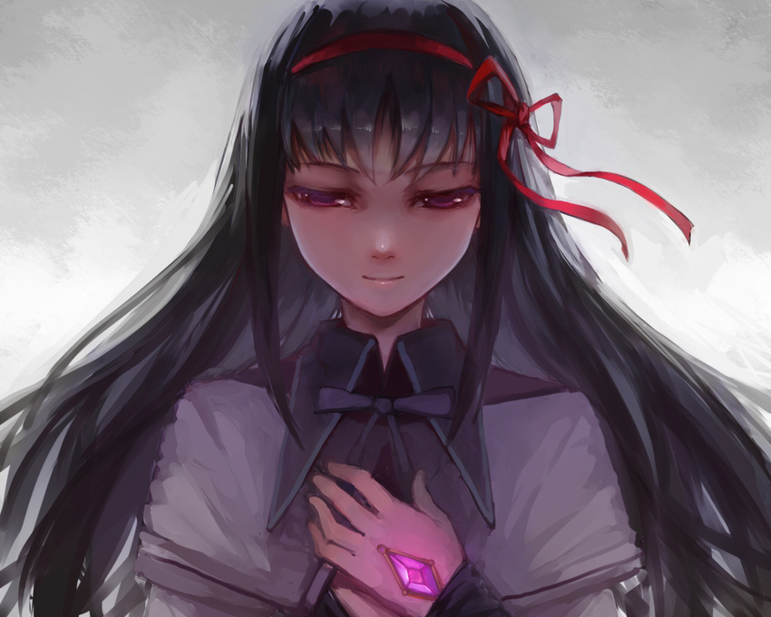 akemi_homura akemi_homura_(magical_girl) black_hair charimei commentary_request female hands_on_own_chest long_hair magical_girl mahou_shoujo_madoka_magica mahou_shoujo_madoka_magica_(anime) simple_background smile solo upper_body