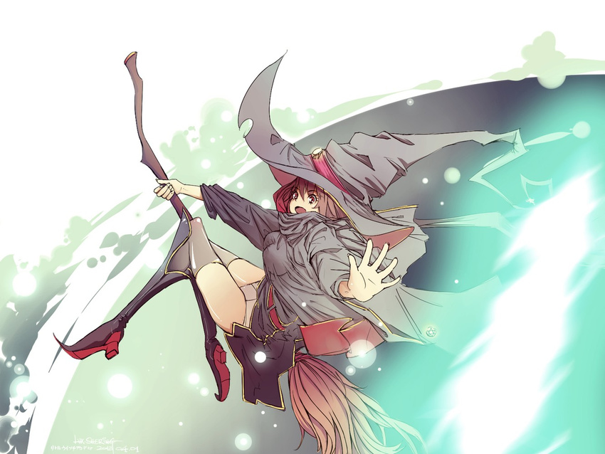 akko_kagari boom boots breasts brown_hair female flying hat highres little_witch_academia looking_at_viewer midair open_mouth panties red_hair smile solo staff underwear white_panties witch_hat