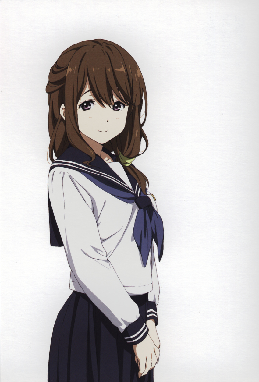 absurdres brown_hair female hair_ornament highres hyouka kamiyama_high_school_uniform_(hyouka) long_hair official_art own_hands_together purple_eyes scan school_uniform serafuku simple_background smile solo standing white_background yuasa_shouko