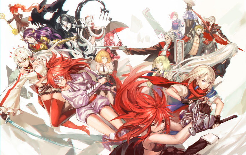 blonde_hair gloves group gun long_hair male pixiv_fantasia pointed_ears red_hair sword umbrella weapon zhouran