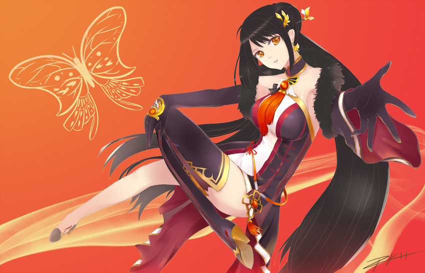 ara_haan butterfly choker elbow_gloves elsword gradient long_hair orange signed srkh thighhighs wristwear yellow_eyes