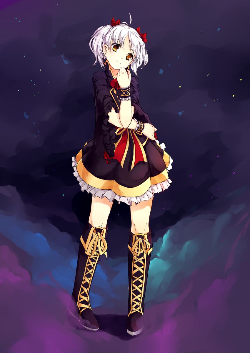 absurdres boots borrowed_character bow cecilia_(acerailgun) commentary commission dress english_commentary female full_body fuyuki_yuki heterochromia highres original shadow solo standing twintails white_hair witch wrist_cuffs yellow_eyes