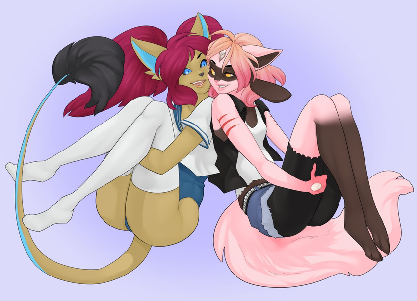 anthro canid canine clothed clothing duo female generation_4_pokemon hair legwear mammal nintendo open_mouth pokemon pokemon_(species) riolu smile thick_thighs thigh_highs tweedabop