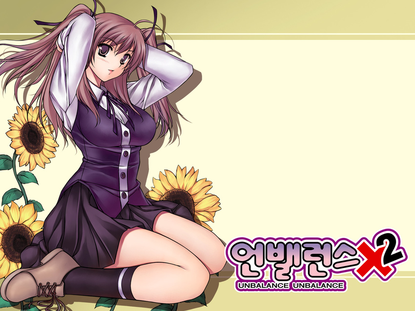 adjusting_hair ahoge blush female floral_background flower ha_ji-soo hair_ribbon highres kneeling photoshop_(medium) pink_hair purple_eyes ribbon shoes skirt socks solo soo-hyon_lee sunflower twintails unbalance_unbalance yellow_flower