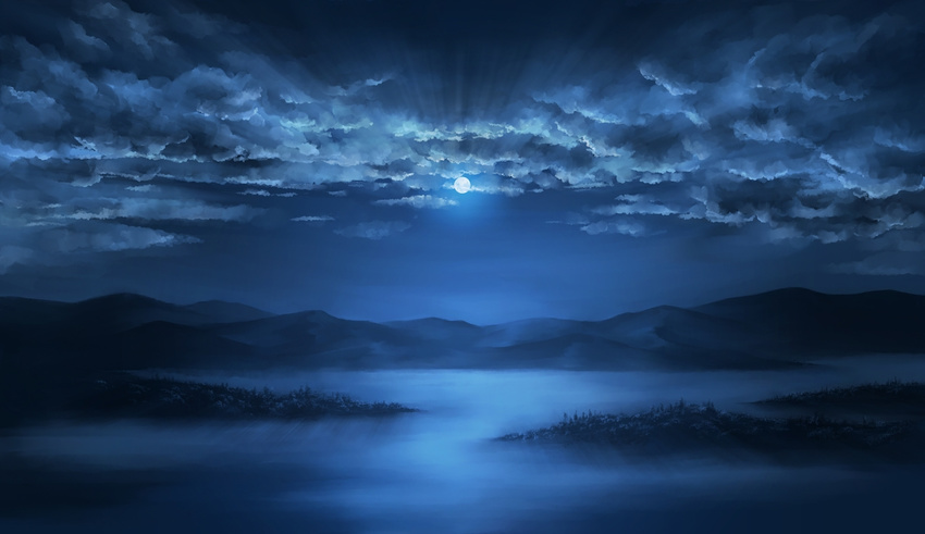 55dopl3e blue_theme cloud cloudy_sky commentary_request full_moon landscape monochrome moon moonlight mountain night no_humans original outdoors scenery sky water