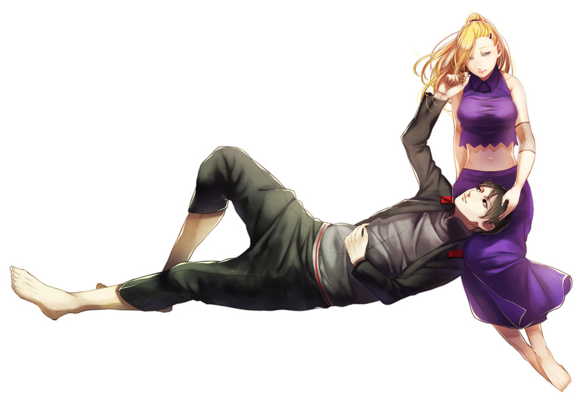 1boy amase_(siki696) black_eyes black_hair blonde_hair commentary_request couple female green_eyes highres husband_and_wife ino_yamanaka lap_pillow long_hair naruto naruto_(series) ponytail sai_(naruto) short_hair straight