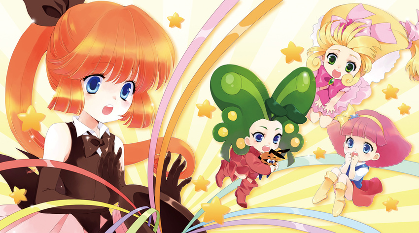 :o artist_request blonde_hair blue_eyes bow bowtie chibi creature crossover gloves green_eyes green_hair hairband hairbow hana_no_mahoutsukai_mary_bell haneoka_meimi hat kaitou_saint_tail long_hair low-tied_long_hair mahou_no_princess_minky_momo mary_bell minky_momo multiple_crossover multiple_girls orange_hair pink_bow pink_hair ponytail red_skirt ribbon saint_tail short_hair skirt socks star timon_(yadamon) top_hat yadamon yadamon_(character)