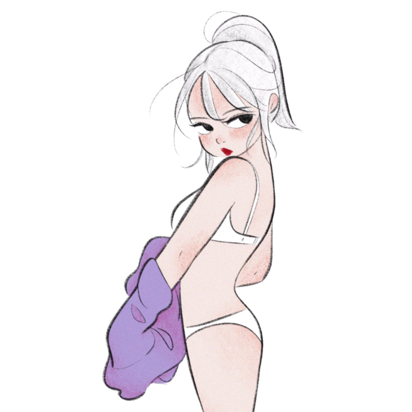 bad_id bad_twitter_id black_eyes blush bra cowboy_shot female grey_hair highres long_hair looking_at_viewer original panties ponytail rasukusekai red_lips simple_background solo underwear underwear_only white_background white_bra white_panties