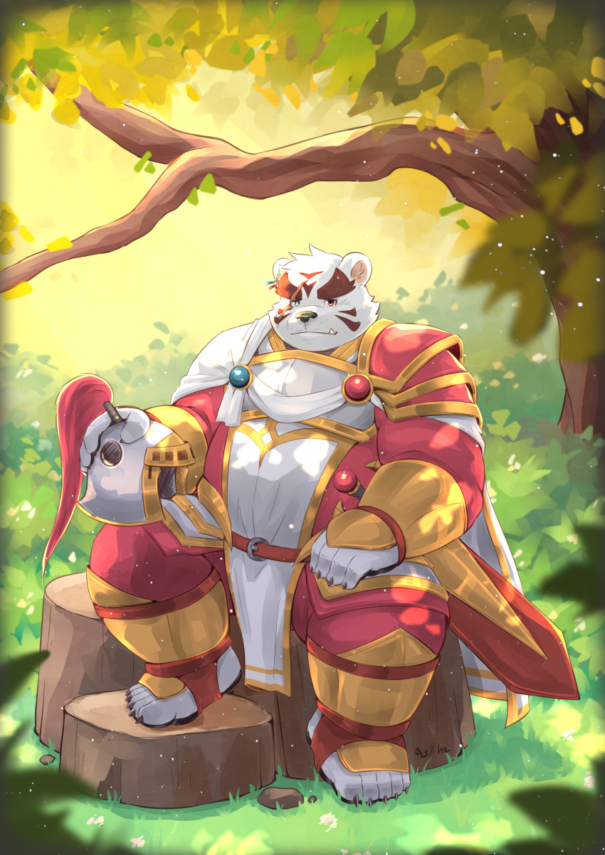 2021 absurd_res anthro aotoaka armor bear cute_fangs detailed_background fur hi_res kemono male mammal outside overweight overweight_anthro overweight_male plant sitting solo tree weapon white_body white_fur