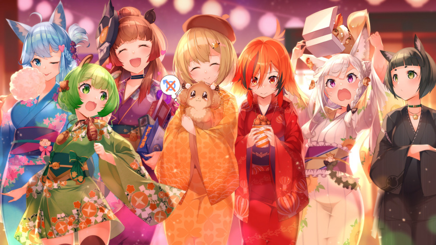 animal animare aqua_eyes aqua_hair black_hair blonde_hair blush braids brown_hair candy cat_smile choker doggirl festival flat_chest food foxgirl green_eyes green_hair group haibara_akane hat hinokuma_ran inaba_haneru japanese_clothes kazami_kuku kokka_han long_hair mask necklace oerba_yun_fang purple_eyes red_eyes red_hair shiromiya_mimi short_hair souya_ichika summer thighhighs white_hair wink yukata yunohara_izumi zettai_ryouiki