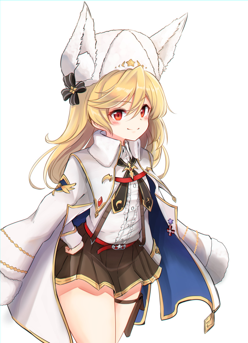 10eki_(tenchou) absurdres animal_ear_headwear animal_ears blonde_hair blush brown_skirt clip_studio_paint_(medium) coat coat_on_shoulders collared_shirt commentary cowboy_shot fake_animal_ears female flat_chest frilled_shirt frills fur_hat girls'_frontline hair_between_eyes hand_on_own_hip hat highres long_hair long_sleeves nagant_revolver_(girls'_frontline) nagant_revolver_(mod3)_(girls'_frontline) pleated_skirt red_eyes shirt simple_background skirt smile solo thighs ushanka white_background white_coat white_shirt