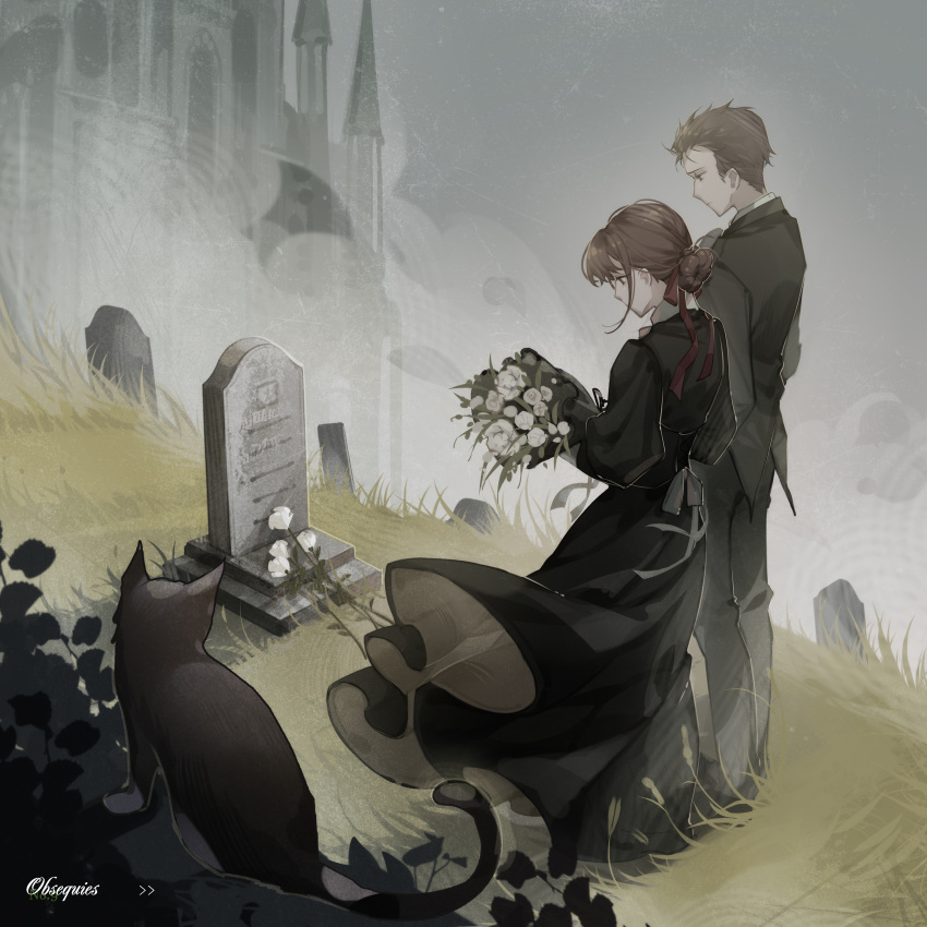 1boy absurdres benson_moretti black_dress bouquet brother_and_sister brown_eyes brown_hair building chinese_commentary commentary_request dress feline female flower fog funeral_dress grass graveyard highres jacket lace looking_down lord_of_the_mysteries melissa_moretti mourning no.9_yualuodesi_mimitongxinzhong short_hair siblings signature tomb tombstone wind