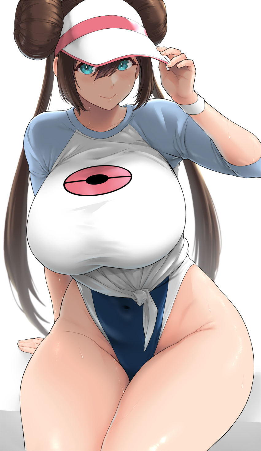 alternate_breast_size alternate_costume aqua_eyes arm_behind_back arm_support blue_one-piece_swimsuit blurry blush breasts brown_hair closed_mouth competition_swimsuit covered_navel cowboy_shot curvy double_bun doughnut_hair_bun duplicate female front-tie_top groin hair_between_eyes hair_bun hand_on_headwear hand_up hat highleg highleg_swimsuit highres huge_breasts invisible_chair kemigawa_mondo legs_together light_blush long_hair looking_at_viewer one-piece_swimsuit pixel-perfect_duplicate poke_ball_symbol pokemon pokemon_bw2 raglan_sleeves rosa_(pokemon) shirt sidelocks simple_background sitting smile solo straight_hair sweat swimsuit swimsuit_under_clothes taut_clothes thick_thighs thighs tied_shirt twintails very_long_hair visor_cap white_background white_hat white_shirt wide_hips wristband