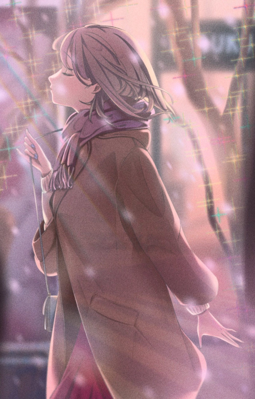 bad_id bad_twitter_id bag blue_nails blurry blurry_background brown_coat brown_hair closed_eyes coat cowboy_shot female hand_up highres long_hair long_sleeves original profile rasukusekai scarf shoulder_bag solo sparkle winter_clothes