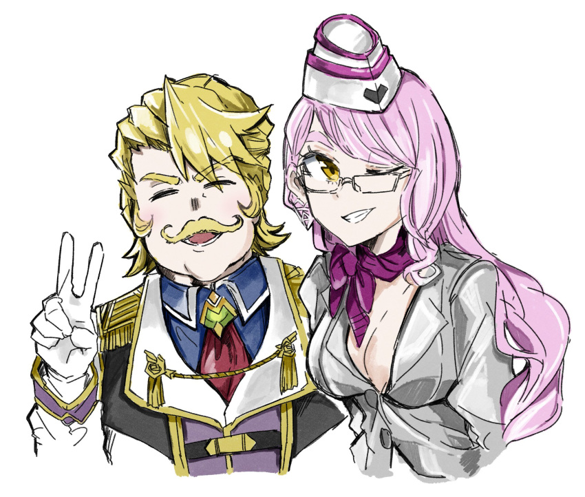 1boy blonde_hair breasts choker earrings epaulettes facial_hair female garrison_cap glasses gloves goldorf_musik hat highres image_sample jacket jewelry koyanskaya large_breasts long_hair looking_at_viewer moustache necktie pink_hair ribbon ribbon_choker sakeno_rarukan smile twitter_sample white_gloves yellow_eyes